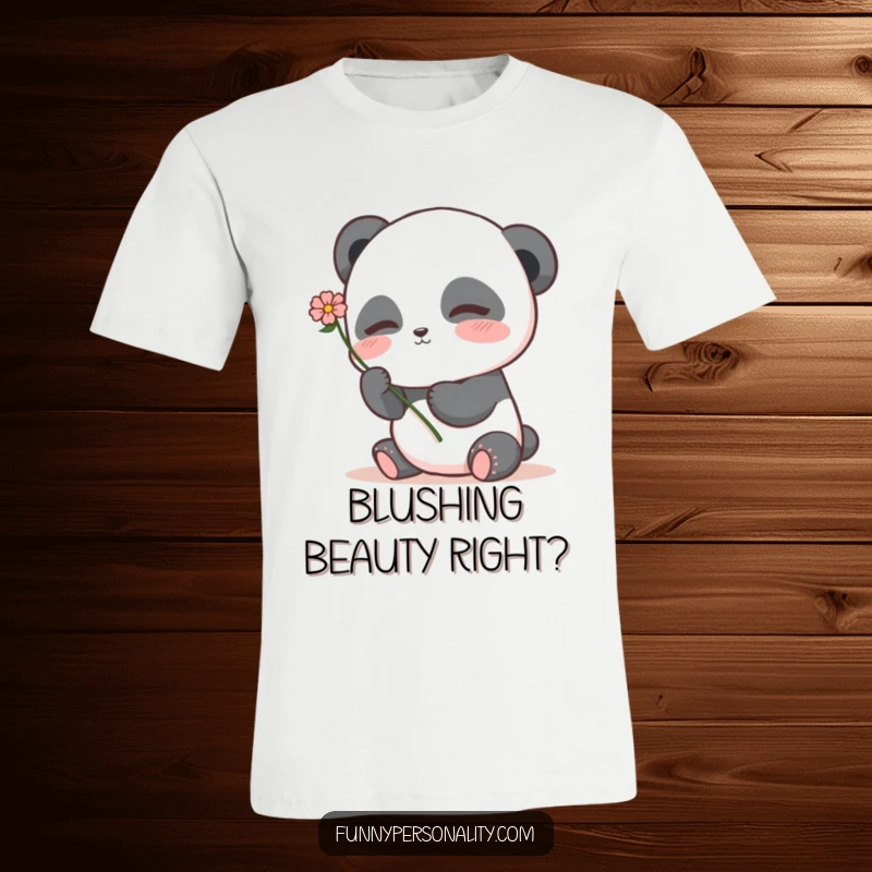 Shy panda t-shirt featuring a blushing panda character holding a flower, conveying sweetness and affection.