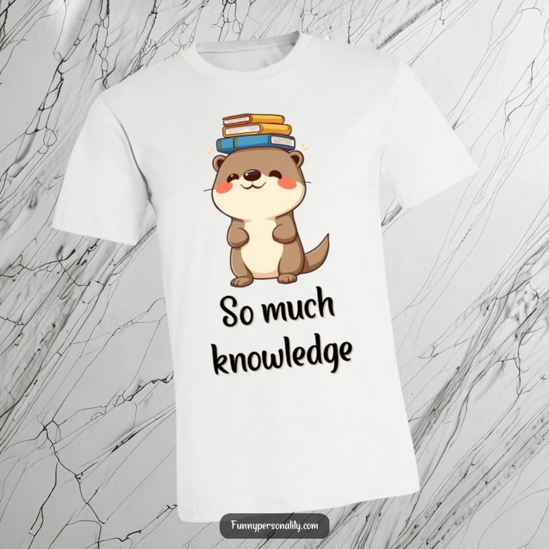 Funny t-shirt featuring a cheerful otter character balancing a stack of books perfectly on its head, looking very smart.