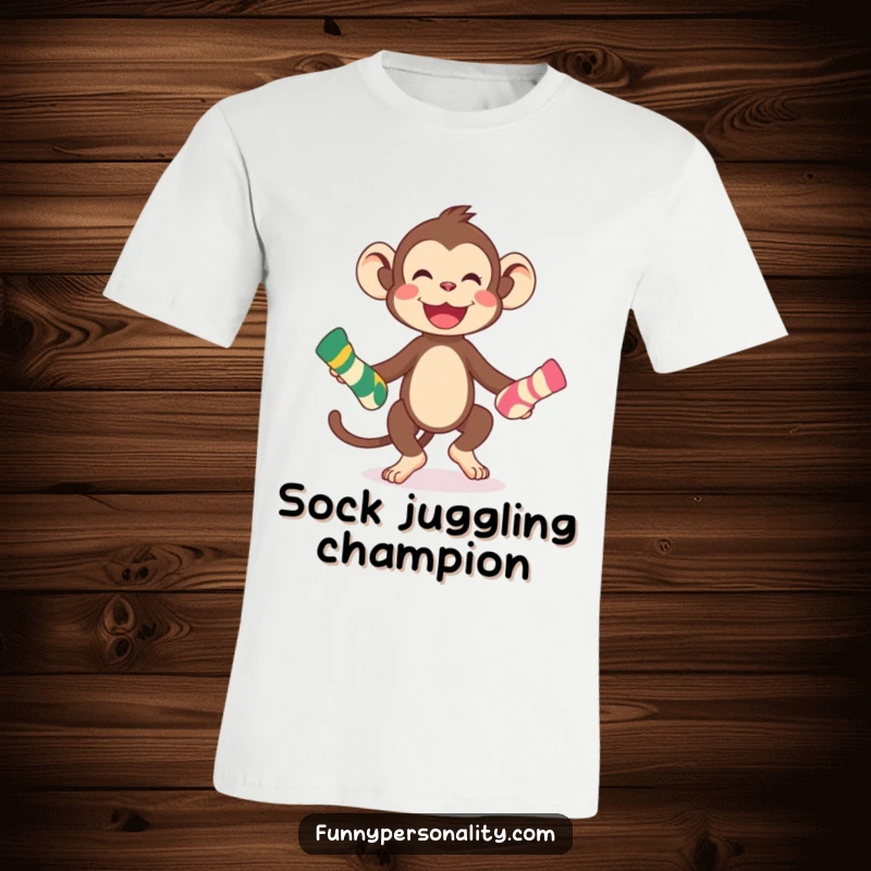Funny playful monkey character juggling three colorful socks, printed on a t-shirt, showcasing laundry day fun and a funny gift.