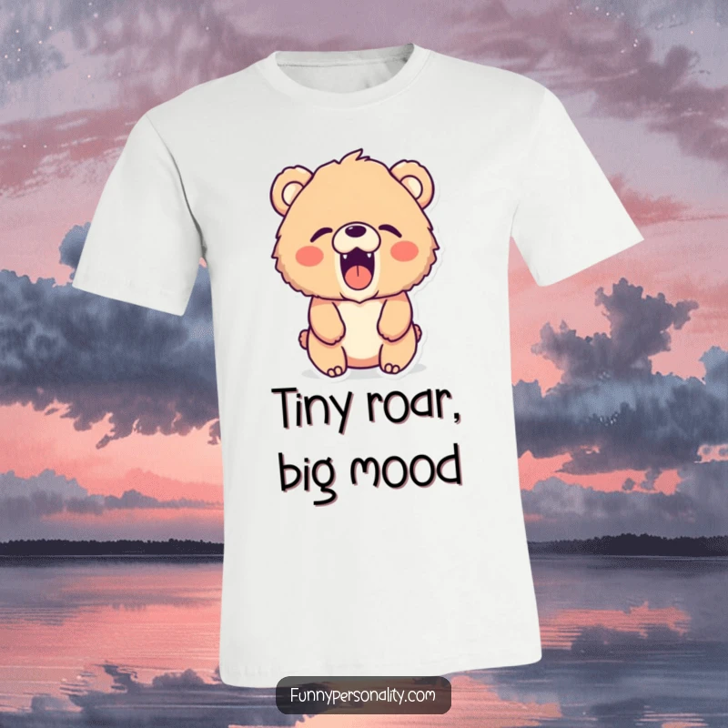 Funny fluffy bear t-shirt: a cute, fluffy bear character excitedly roaring a tiny, silent, yet enthusiastic roar.