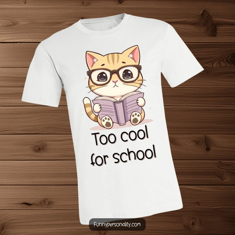 Funny t-shirt depicting a cat with oversized spectacles, intensely focusing on reading a book. Quirky and intellectual design.