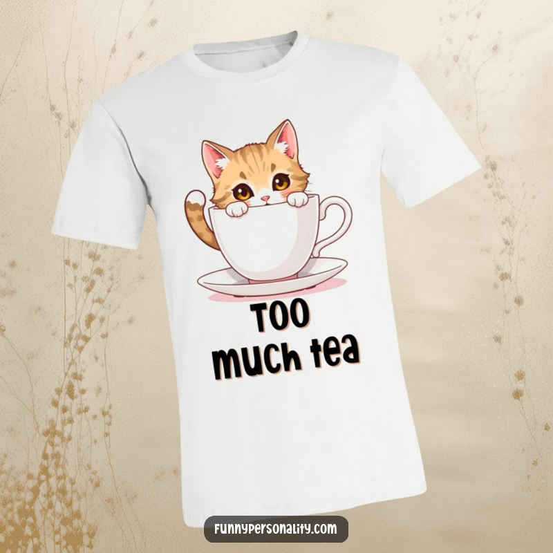 Funny cat tea t-shirt: a curious cat character peeking into an incredibly large teacup with a look of amazement.