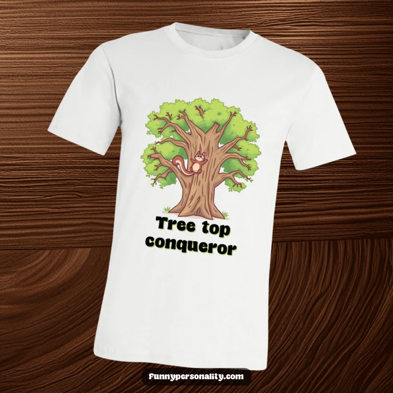 Funny t-shirt featuring a determined squirrel scaling an incredibly tall oak tree, a humorous depiction of striving for heights.