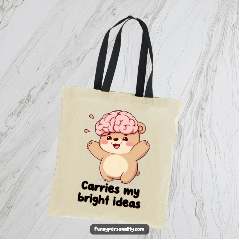 Funny bear character tote bag depicting a chubby bear playfully tossing a large, smiling brain, great for errands.