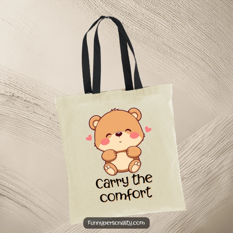 Funny bear tote bag featuring a cuddly bear character extending a warm, fuzzy hug, perfect for carrying joy.