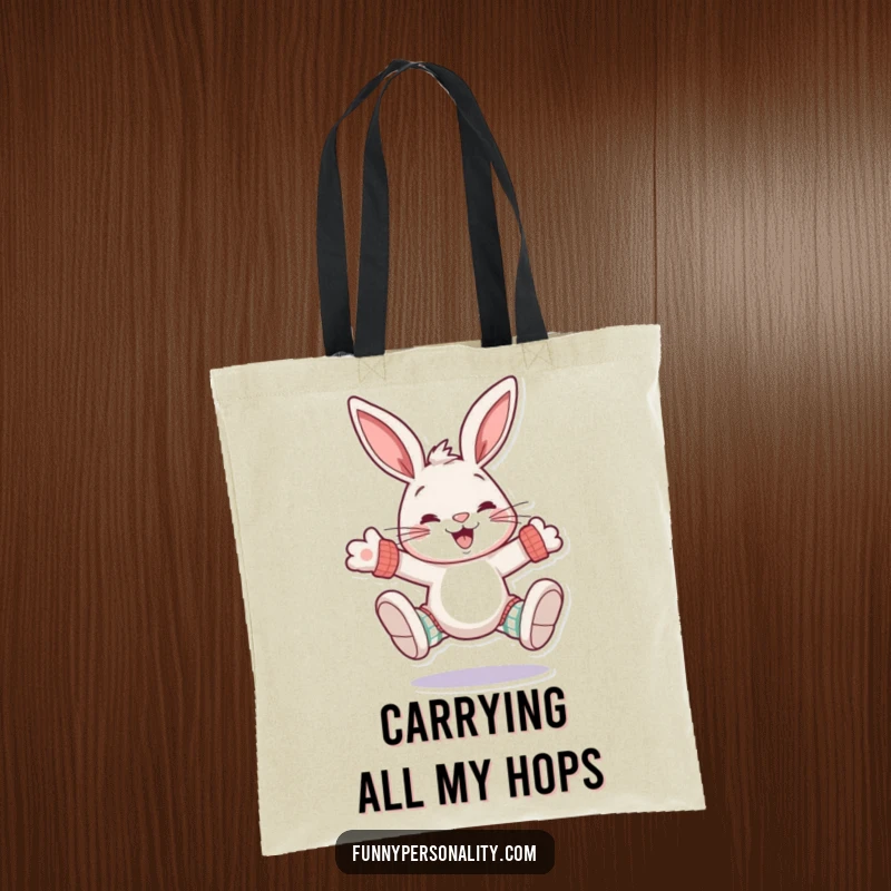 Funny rabbit tote bag: a durable tote featuring a grinning rabbit character proudly displaying oversized, mismatched socks.