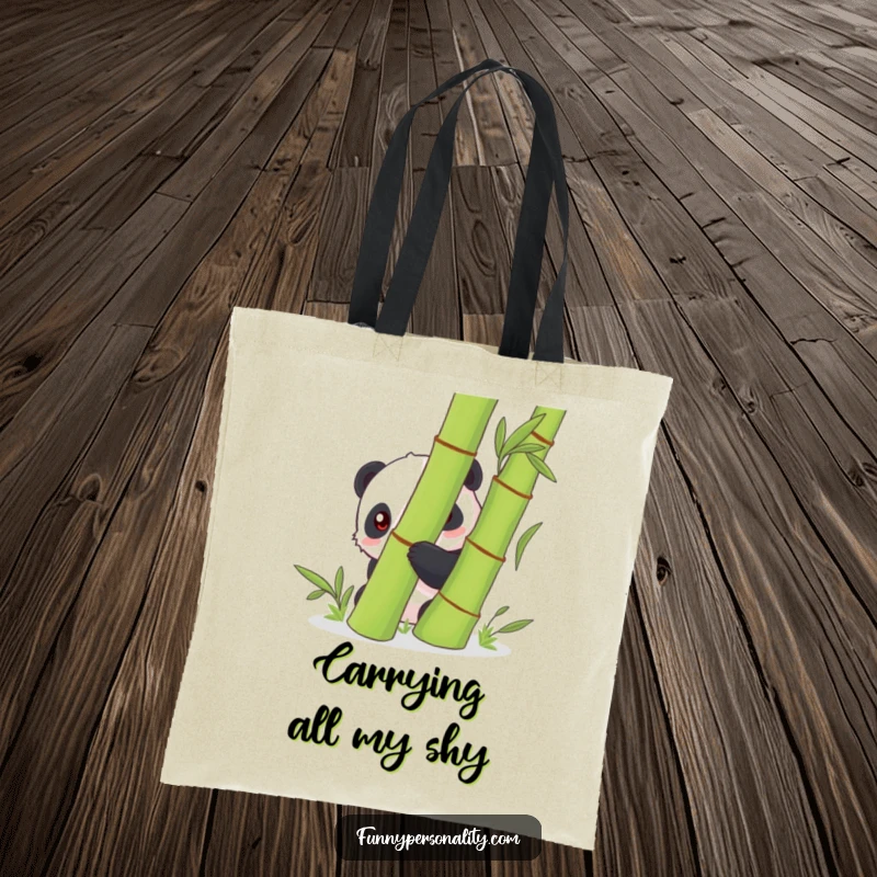 Funny shy panda peeking from behind a dense bamboo stalk on a tote bag, designed for carrying essentials with a touch of adorable bashfulness.