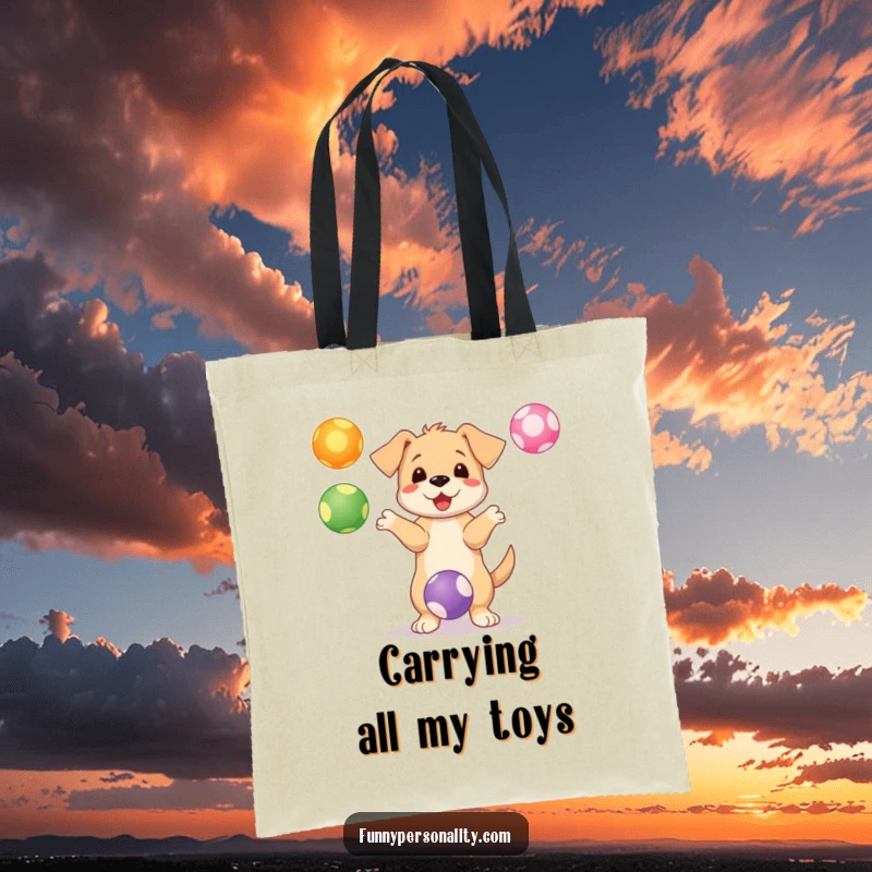 Funny puppy tote bag showing a playful character juggling colorful bouncing balls, ideal for carrying fun essentials.