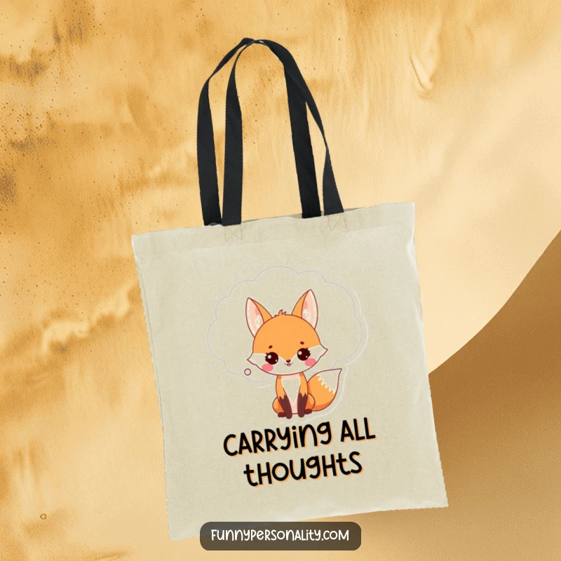 Funny Fox Tote Bag: A cute fox with a giant thought bubble, perfect for carrying essentials while expressing witty ideas. Eco-friendly gift.