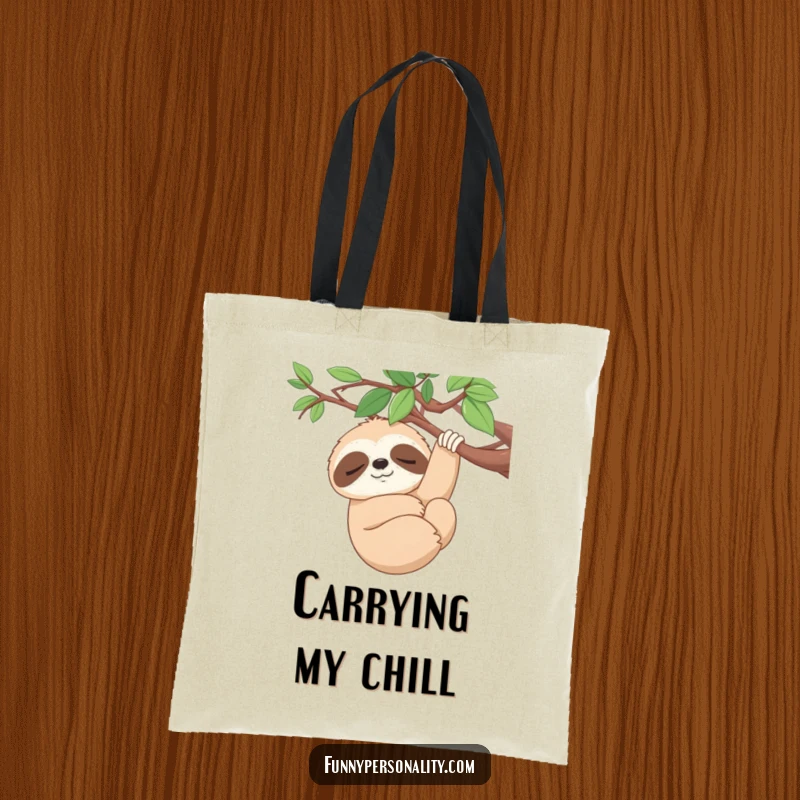Funny Tote Bag: A sleepy sloth smiles serenely while hanging from a branch, a humorous and practical gift.