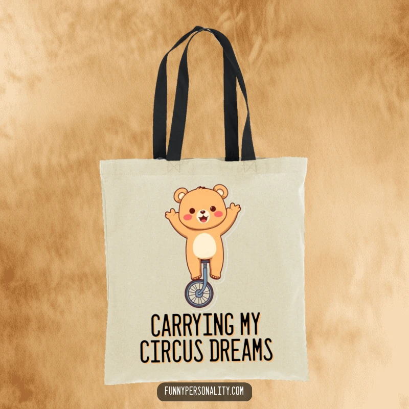 Funny bear tote bag showcasing a cute character's exciting unicycle ride and cheerful wave, ideal for daily adventures.