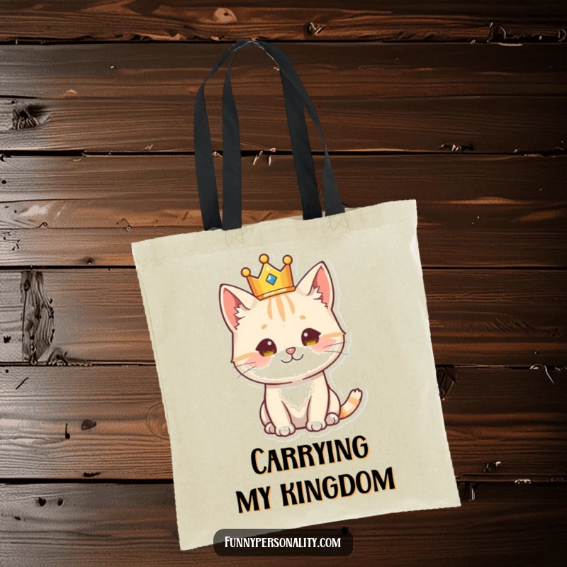Funny cat character wearing a crown, looking regal, a stylish and humorous tote bag for cat enthusiasts.