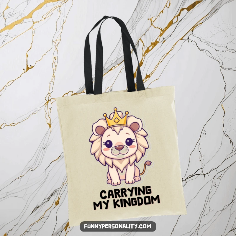 Funny triumphant lion character wearing a small crown on a tote bag, projecting an image of strength and leadership for everyday use.