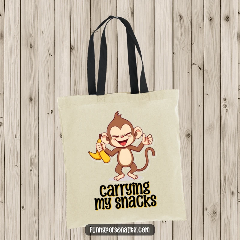 Funny monkey tote bag: a durable tote featuring a mischievous monkey character juggling three bananas with a sly smile.