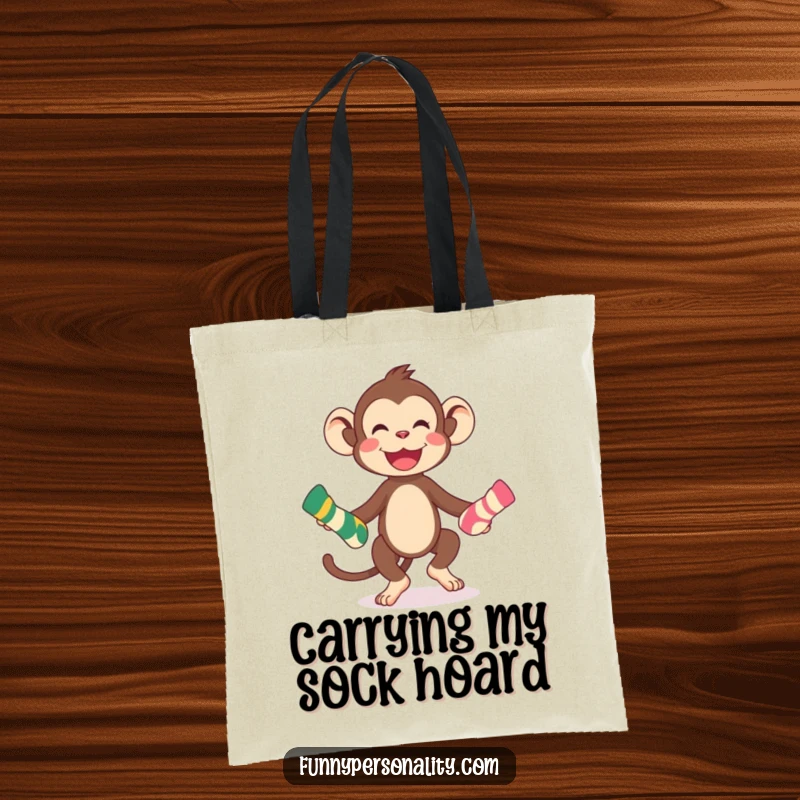 Funny playful monkey character juggling socks, illustrated on a tote bag, perfect for laundry day and a funny gift.