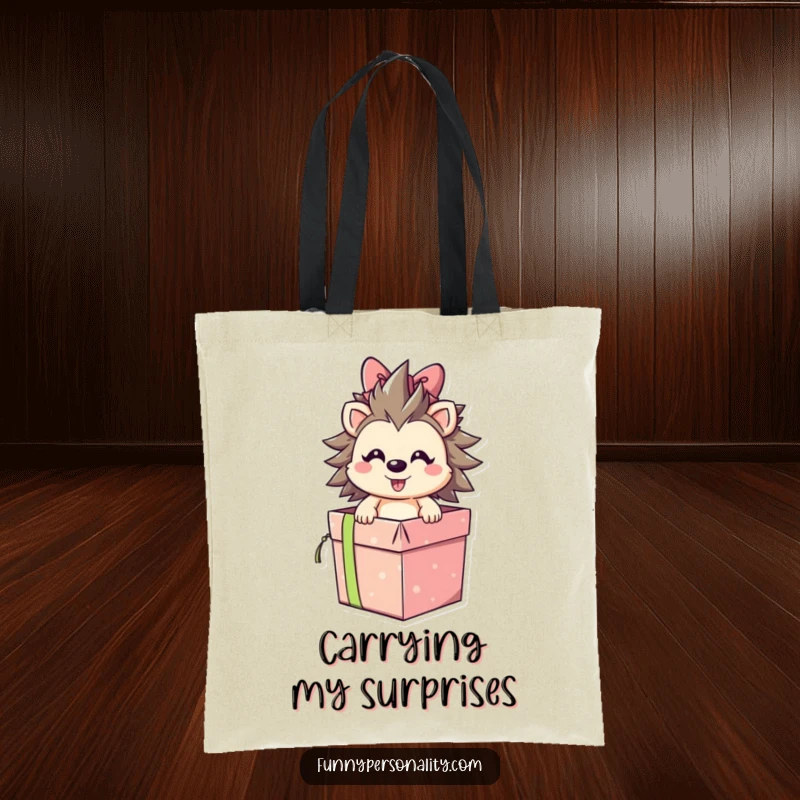 Smiling hedgehog character bursting out of a gift box, illustrated on a tote bag, representing delightful surprise and a funny gift.