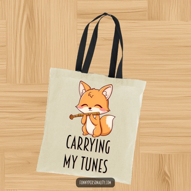 Funny tote bag featuring a cheerful fox character playing a tiny flute with closed eyes, a practical and humorous accessory for music lovers.