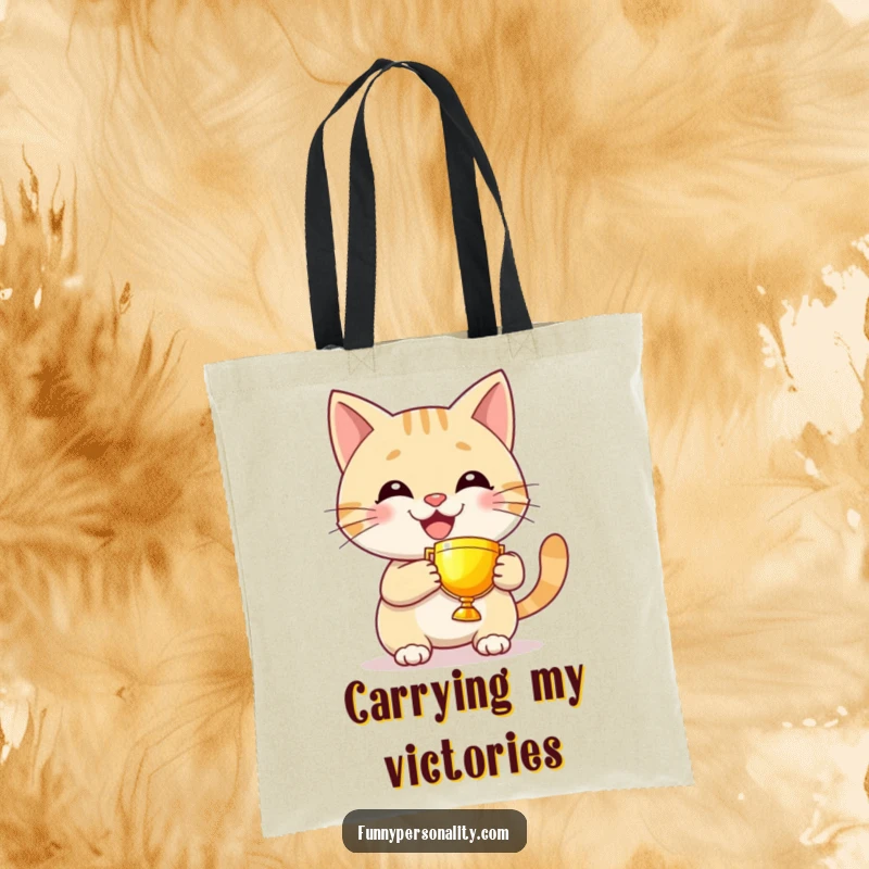 Funny cat tote bag showing a grinning character proudly holding a tiny, glowing trophy, ideal for carrying daily wins.