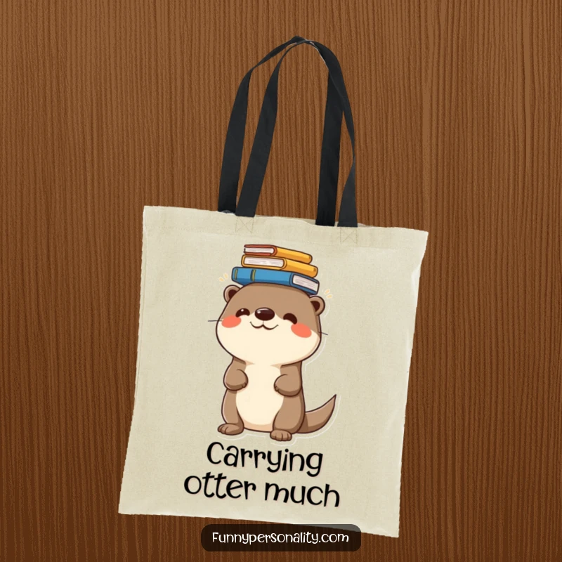 Funny tote bag featuring a cheerful otter balancing a stack of books on its head, perfect for book shopping trips.