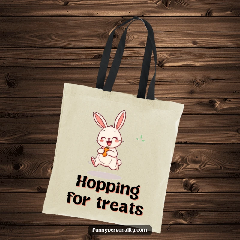 Funny Rabbit Tote Bag with a cheerful bunny excitedly jumping for a carrot, ideal for carrying items with delight.