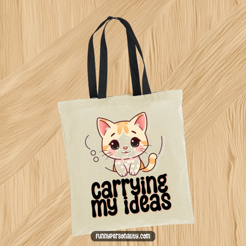 Funny Cat Tote Bag with a curious cat peeking out of a thought bubble, ideal for carrying items with charm.