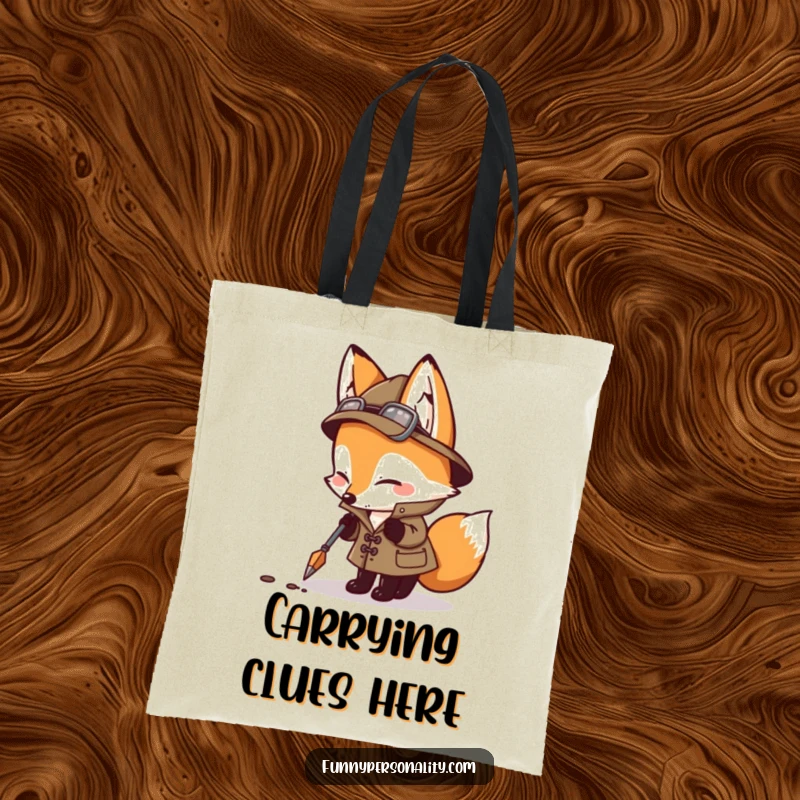 Funny detective fox sniffing, a humorous tote bag for carrying mysteries and essentials.
