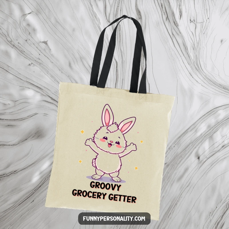 Funny tote bag with a fluffy rabbit striking a confident disco dance pose, perfect for carrying essentials with a vibe.
