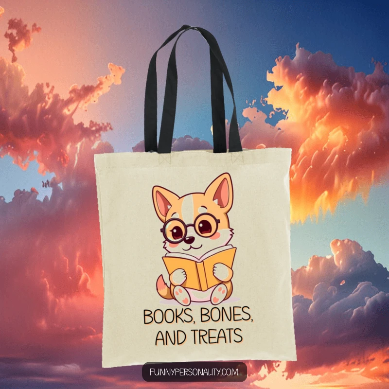 Funny Tote Bag: A dog wearing a monocle reads a book intently, showcasing a love for literature with playful elegance.