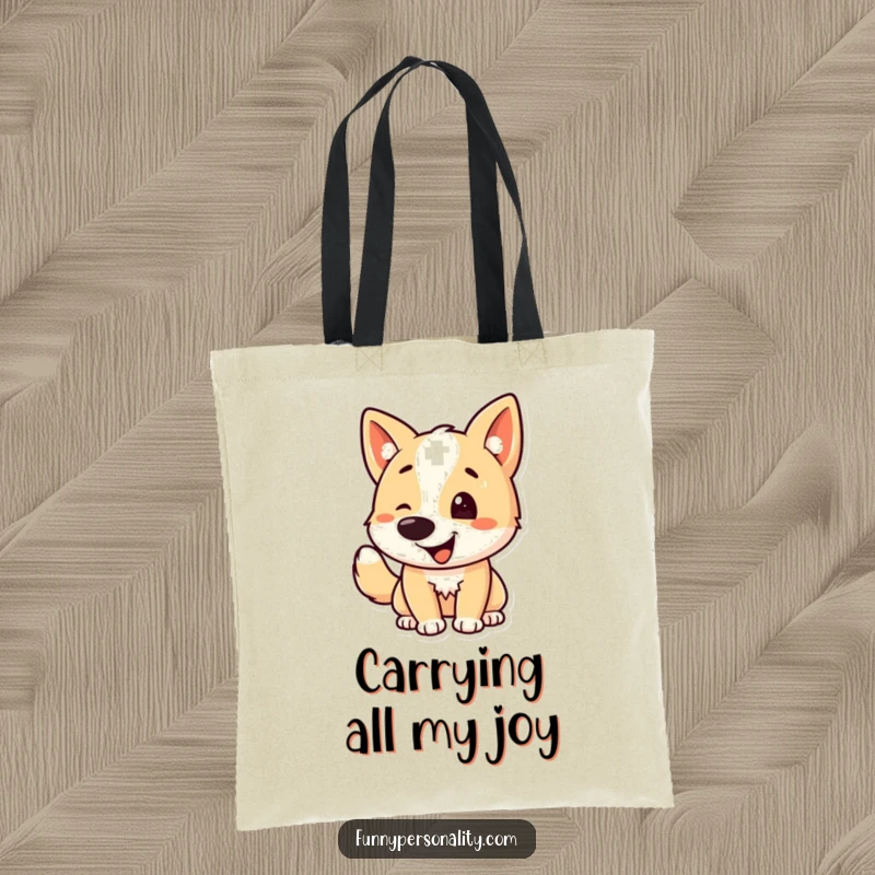 Funny dog tote bag showcasing a delighted dog character with a furiously wagging tail, ready for adventure.