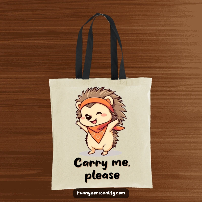 Funny Tote Bag illustration of a cheerful hedgehog in a bandana doing a handstand, perfect for gym or market trips.