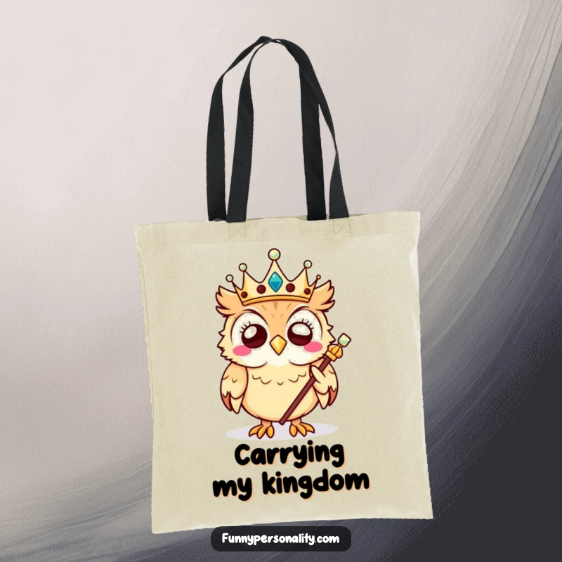 Funny owl tote bag with a giggling owl king holding a scepter, perfect for carrying essentials with regal humor.
