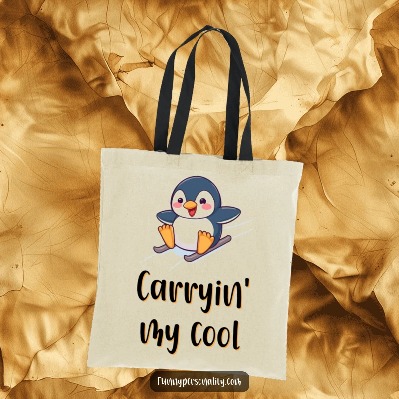 Funny tote bag depicting a cheerful penguin character enthusiastically sliding down a smooth icy slope with a look of pure bliss.