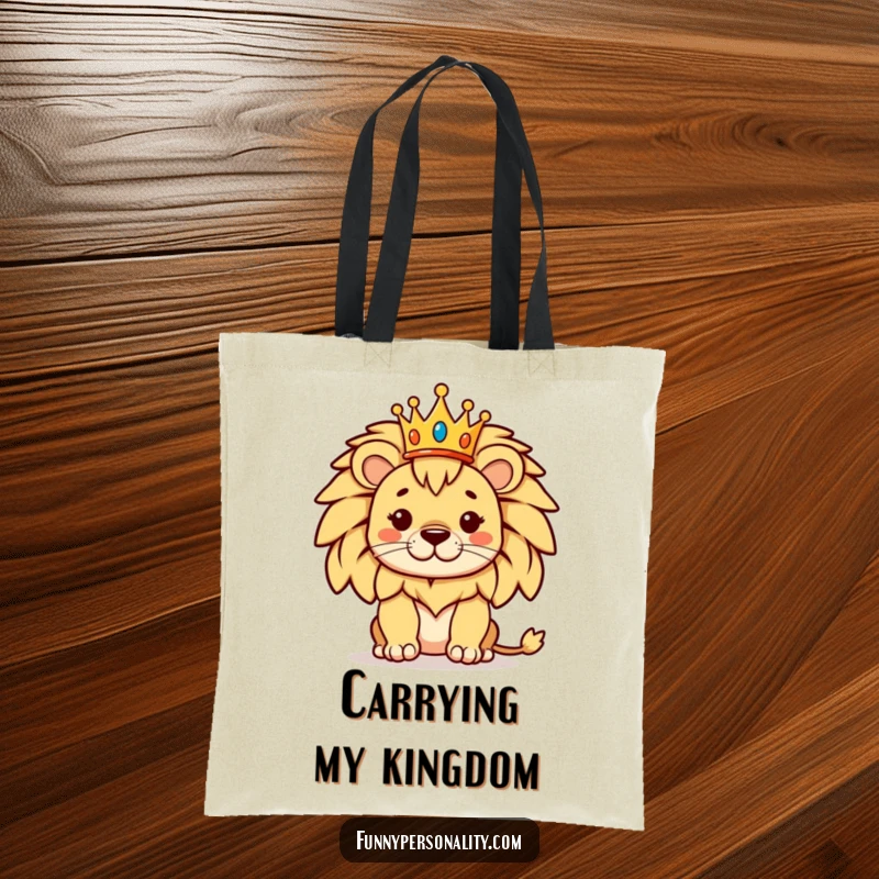 Funny tote bag with a proud lion posing regally with a tiny crown, a humorous and stylish accessory for everyday royalty.