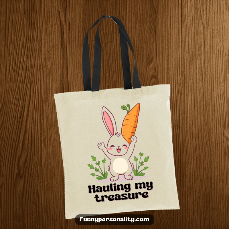 Funny rabbit tote bag showing a happy character holding a giant carrot, ideal for carrying everyday treasures.