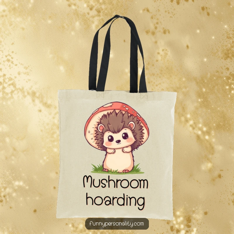 Funny tote bag with a curious hedgehog peeking around a big mushroom, ready to carry your treasures from the enchanted forest.