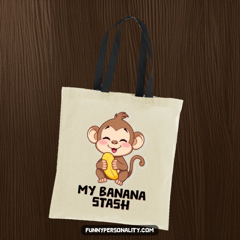 Funny tote bag with a playful monkey character making a silly face, holding a ripe banana. Perfect for grocery trips.