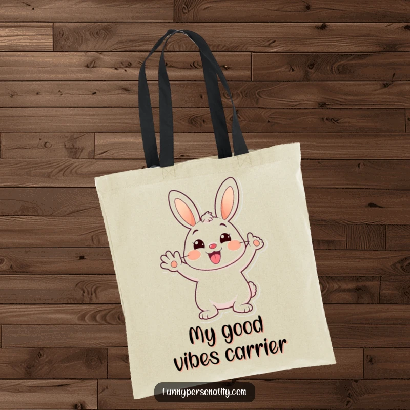 Funny tote bag featuring a cheerful cartoon bunny waving happily with a big smile, ideal for carrying daily items.