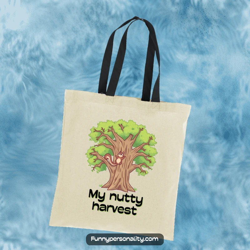 Funny tote bag with a determined squirrel climbing a very tall oak tree, a humorous and practical accessory for go-getters.