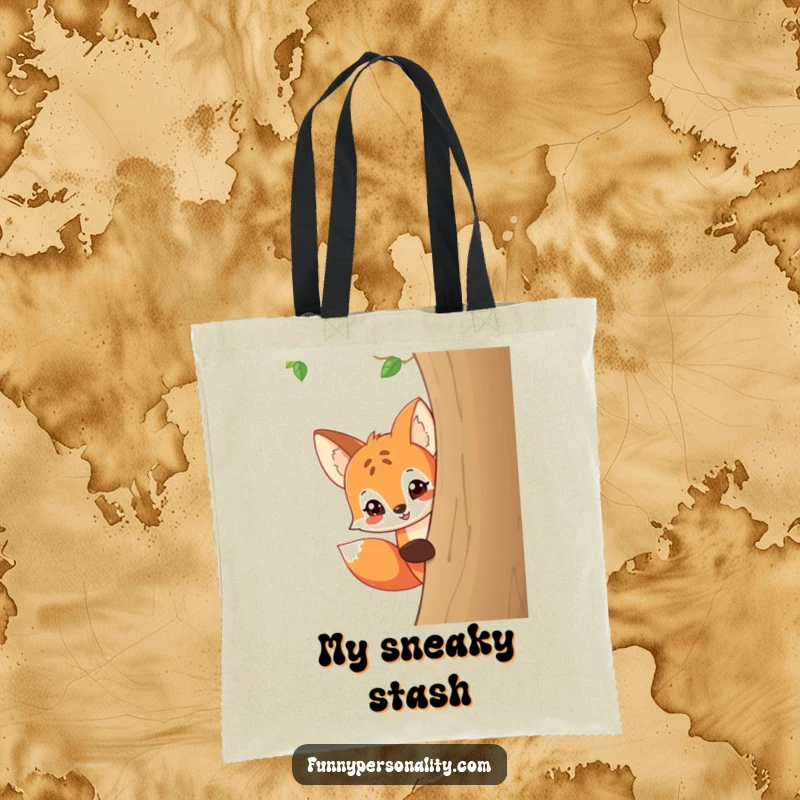 Funny tote bag featuring a playful cartoon fox peeking around a tree with a mischievous grin, ideal for daily use.
