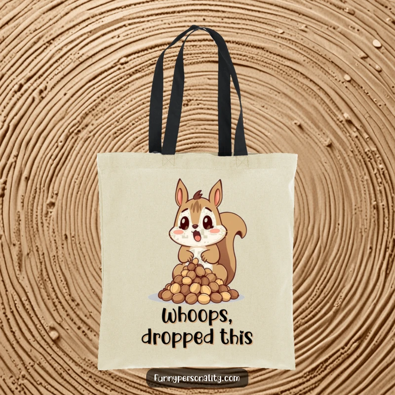 Funny Squirrel Tote Bag with a surprised squirrel dropping a pile of nuts, ideal for carrying items with a chuckle.